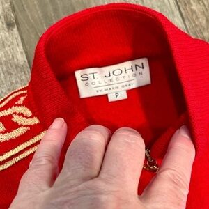 St John Collection Marie Gray RED Cardigan Sweater Gold Metallic Chain Small